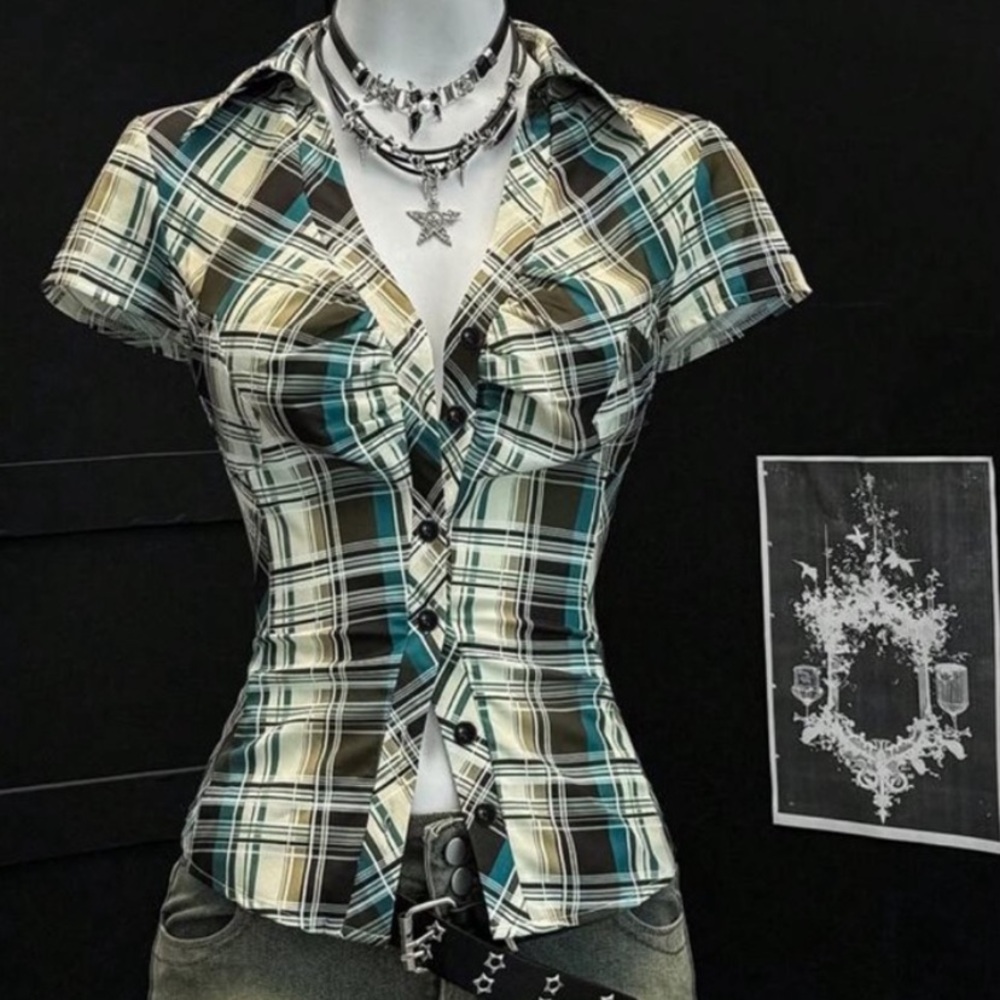 Short Sleeve Plaid Ruffle Button-Up Blouse
